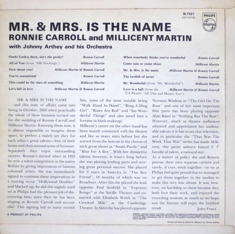 Ronnie Carroll & Millicent Martin – Mr & Mrs Is The Name Vinyl LP