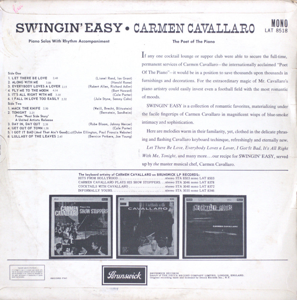 Carmen Cavallaro – Swingin' Easy Vinyl LP