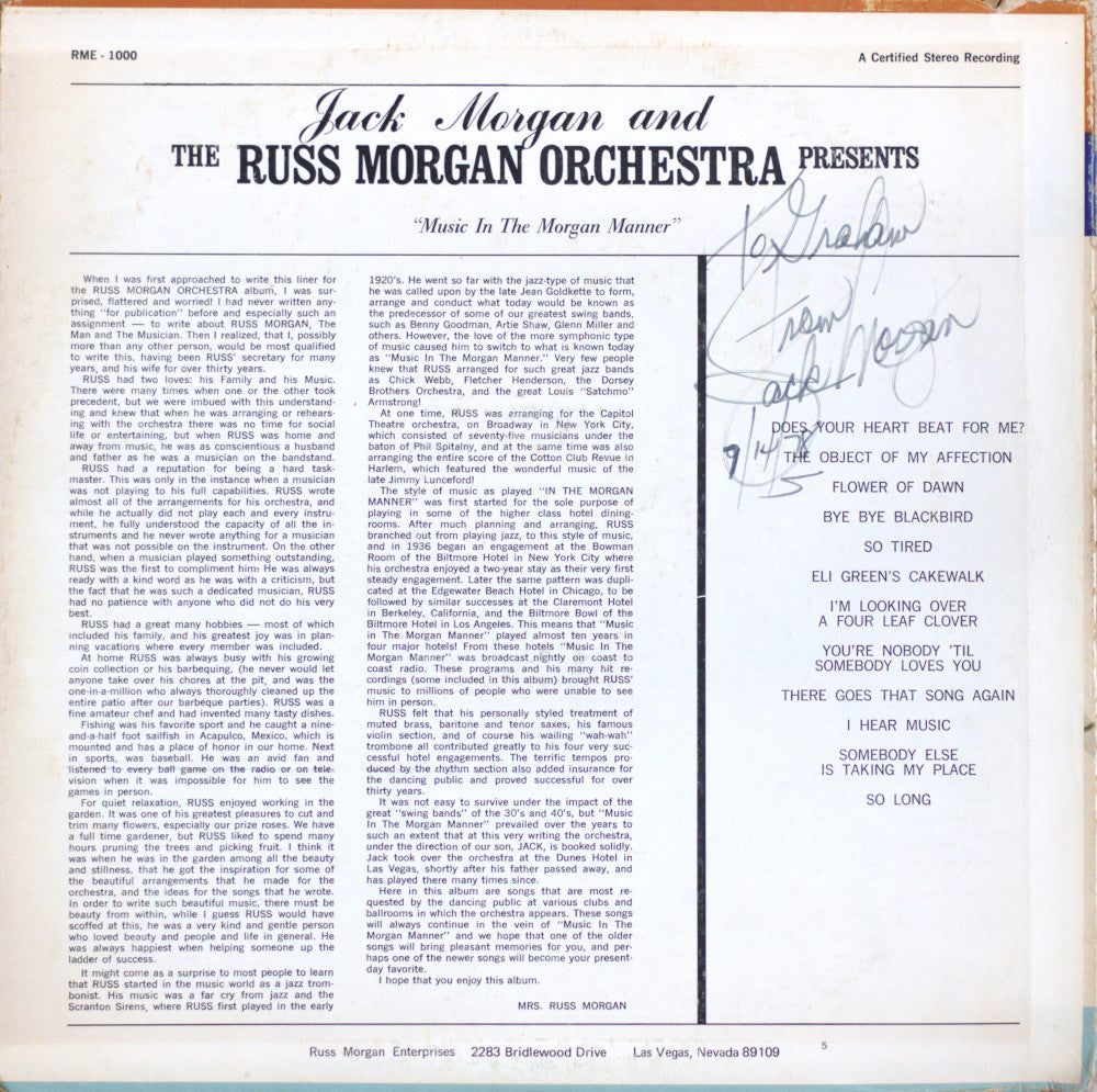 The Russ Morgan Orchestra – Music In The Morgan Manner Vinyl LP