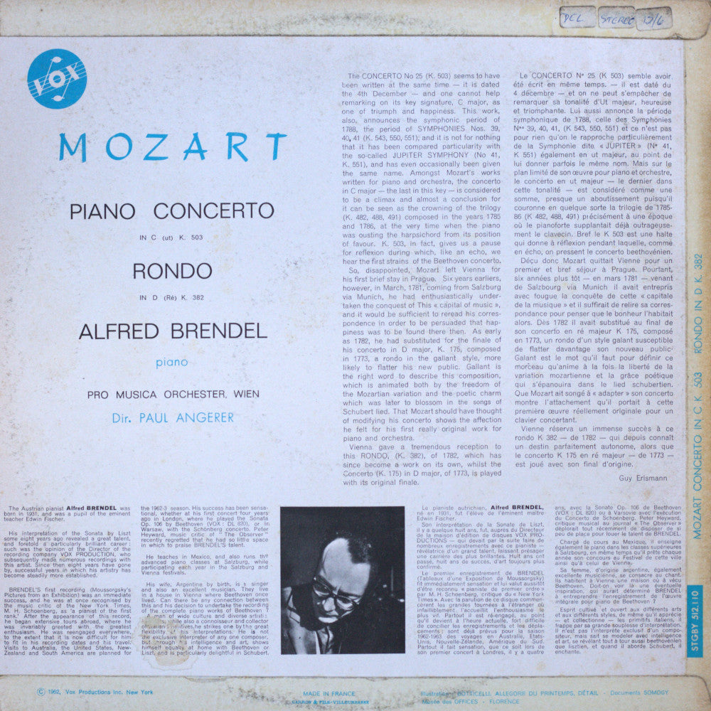 Mozart – Piano Concerto K.503 & Rondo K.382 – Alfred Brendel, Paul Angerer Vinyl LP