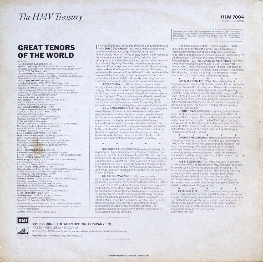Various – Great Tenors Of The World Vinyl LP