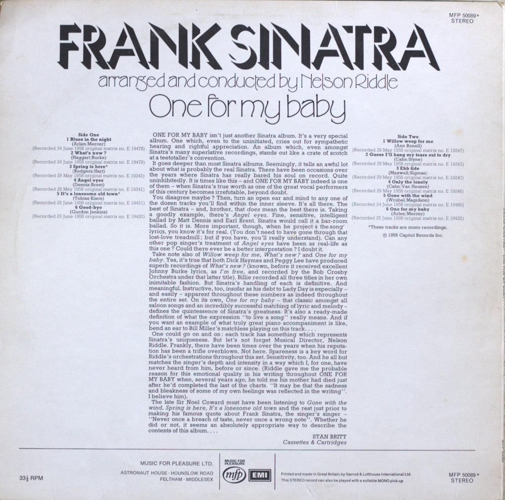 Frank Sinatra – One For My Baby Vinyl LP