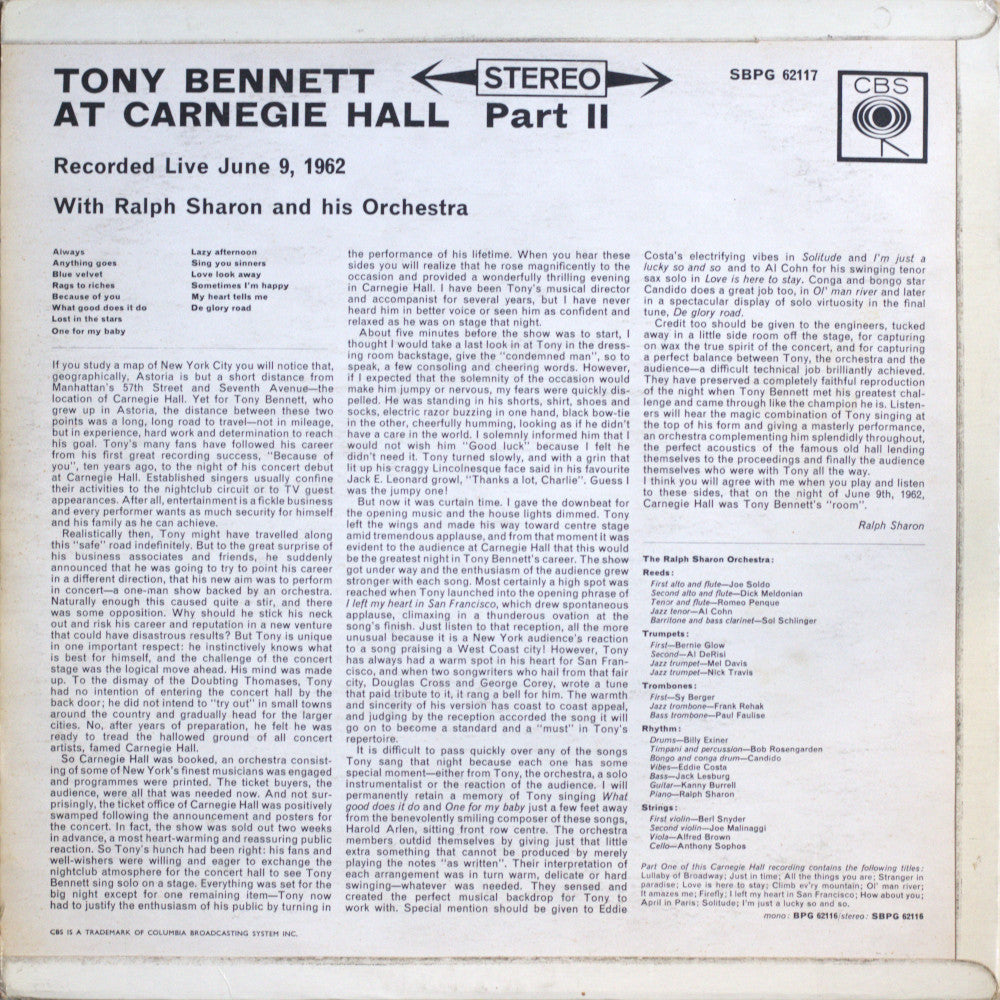 Tony Bennett – At Carnegie Hall, Part II Vinyl LP