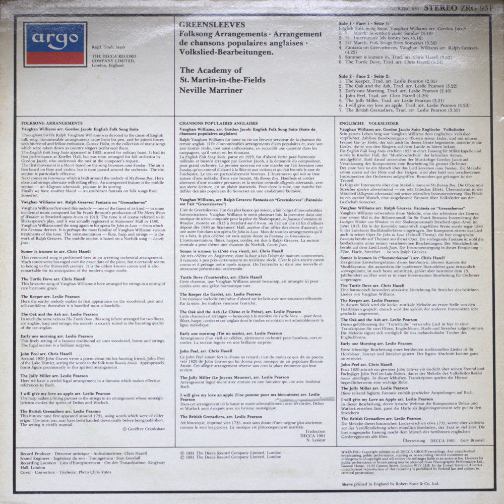 Academy of St. Martin-in-the-Fields – Greensleeves Vinyl LP
