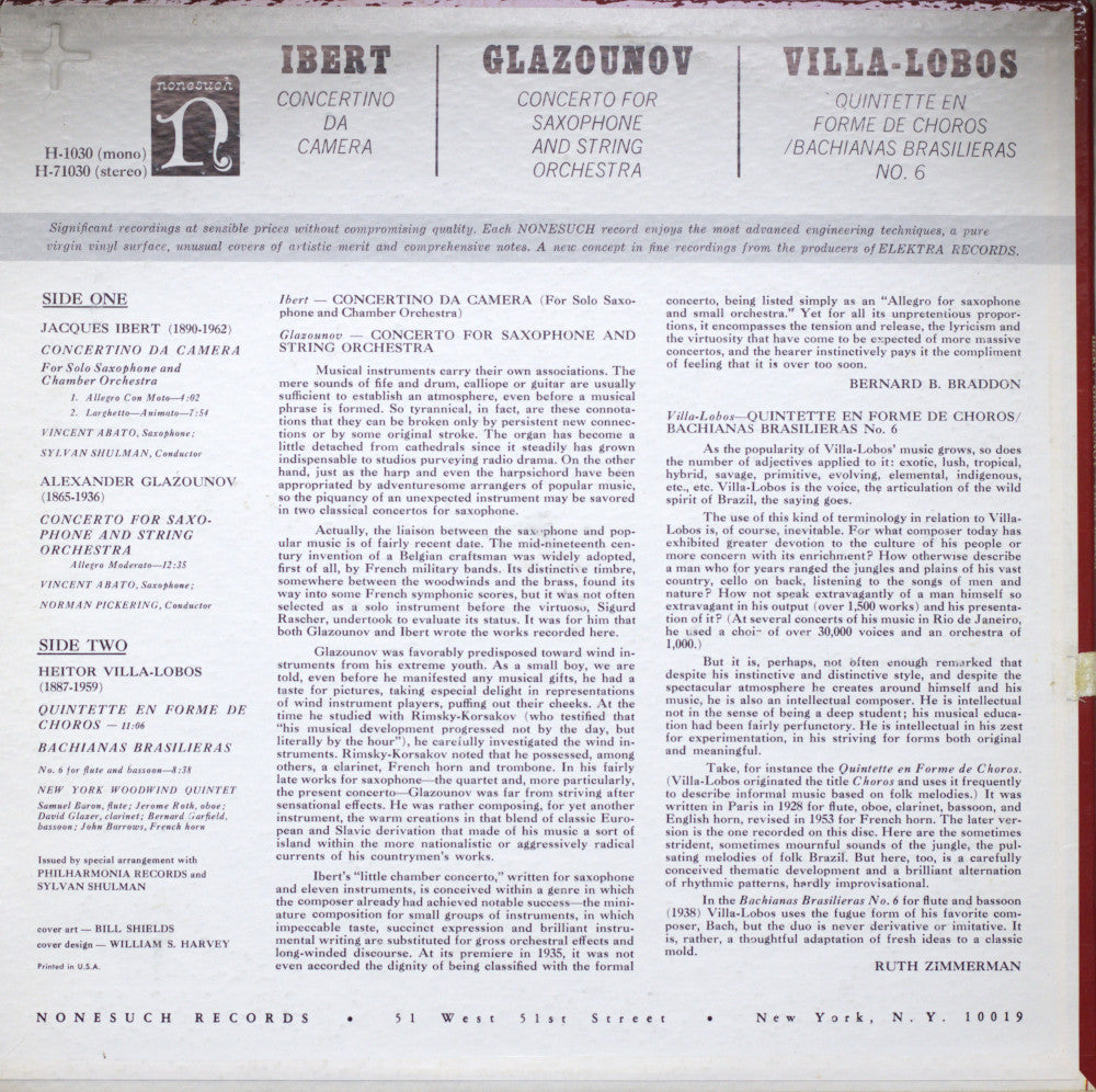 Ibert / Glazounov / Villa-Lobos – Saxophone Classics Vinyl LP