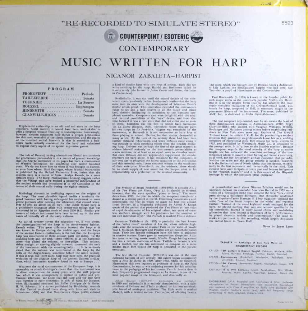 Nicanor Zabaleta – Contemporary Harp Music Vinyl LP