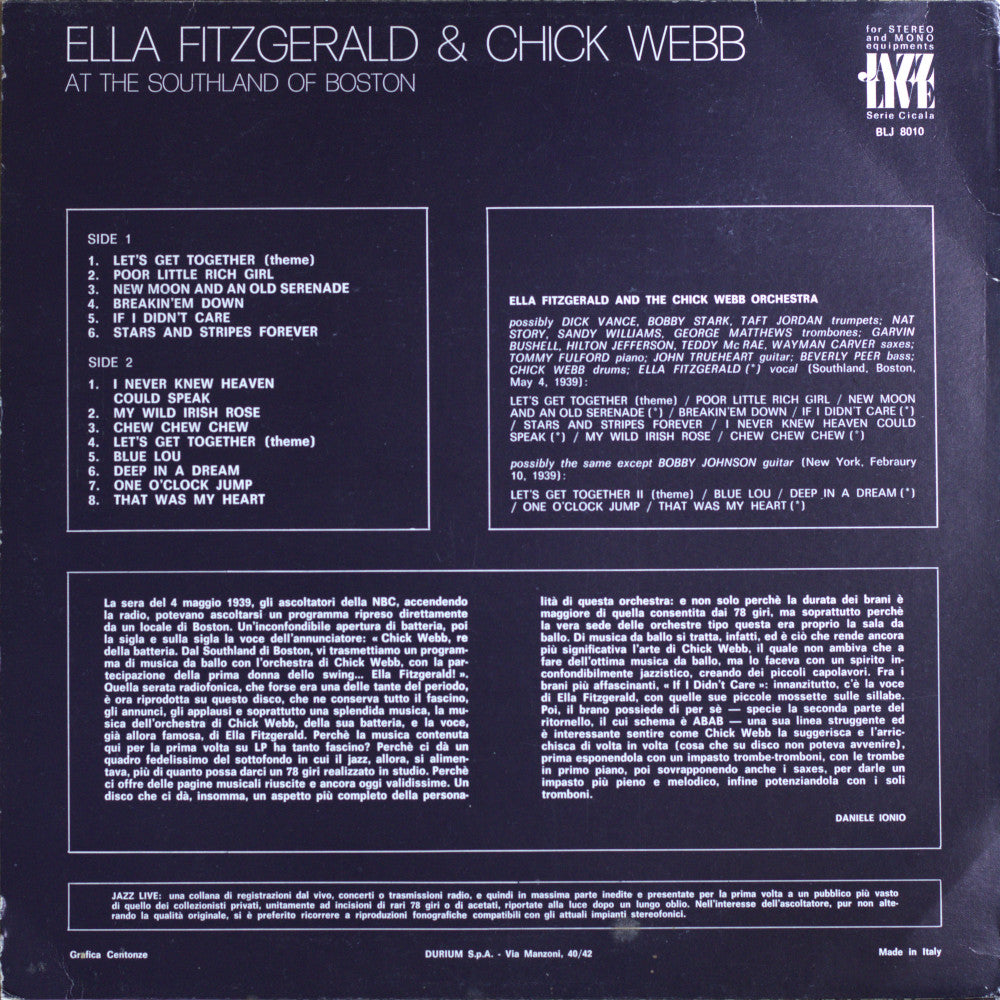 Ella Fitzgerald & Chick Webb – At The Southland Of Boston Vinyl LP
