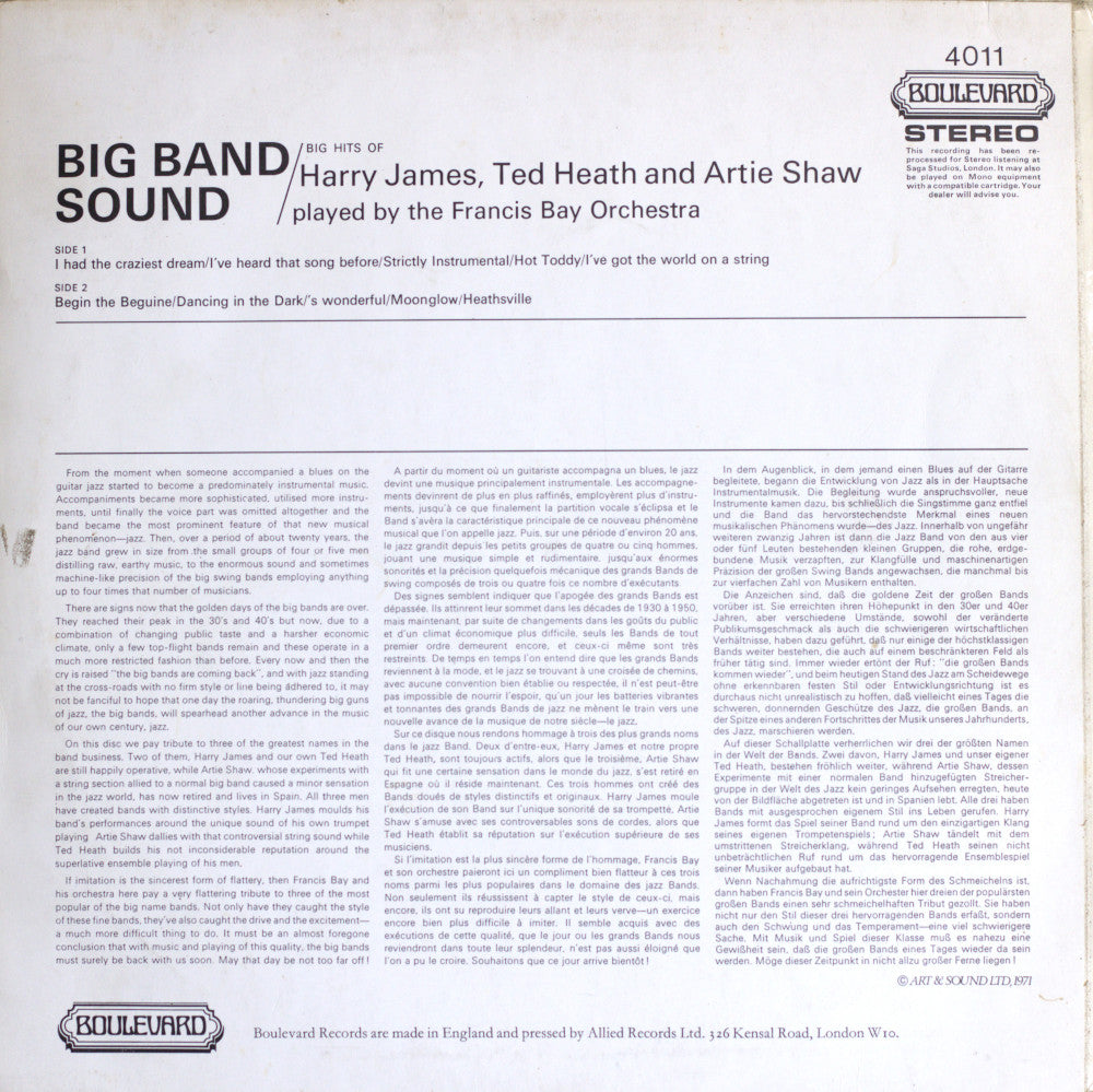 The Francis Bay Orchestra – Big Band Sound: Hits of Harry James, Ted Heath & Artie Shaw Vinyl LP