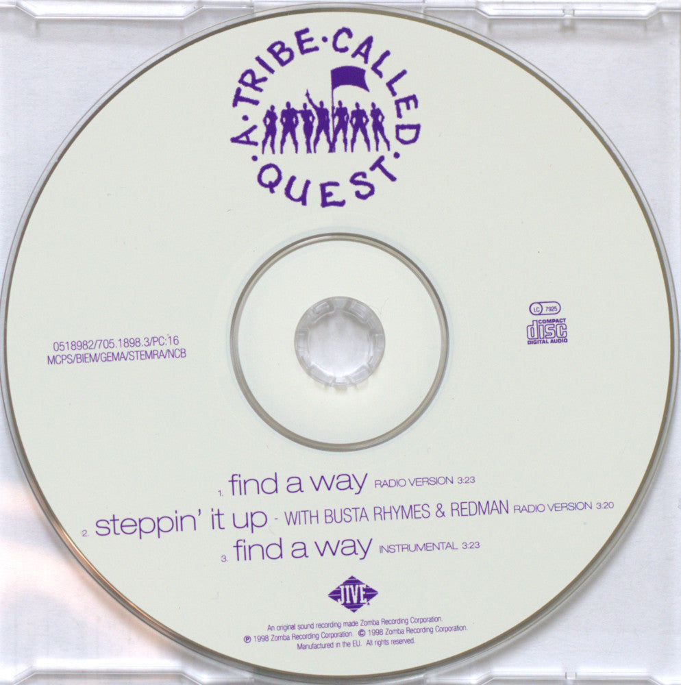 A CD disc from the music release 'A Tribe Called Quest - Find A Way' in a clear plastic jewel case. The disc is off-white with purple text and graphics, including the album title, artist name, track listings, and the 'A Tribe Called Quest' logo.