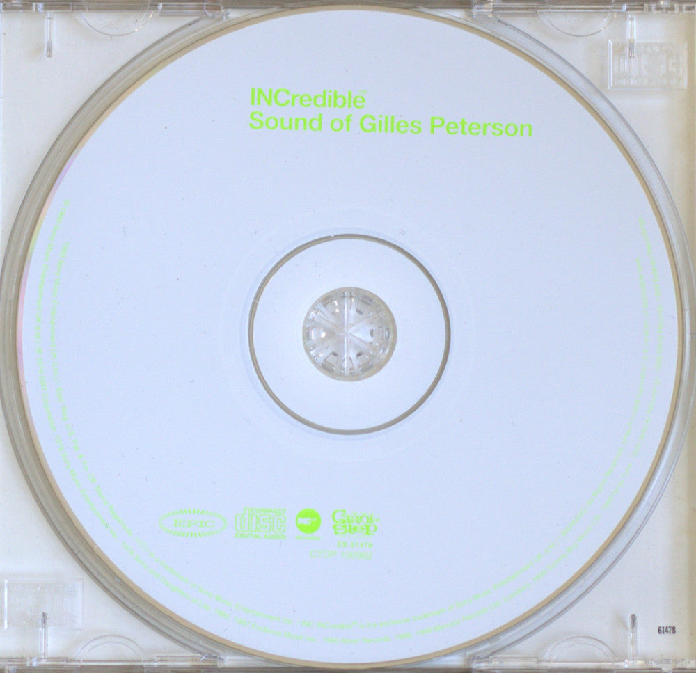 A CD disc in a clear jewel case, featuring the title 'INCredible Sound of Gilles Peterson' in bright green text on a white disc.