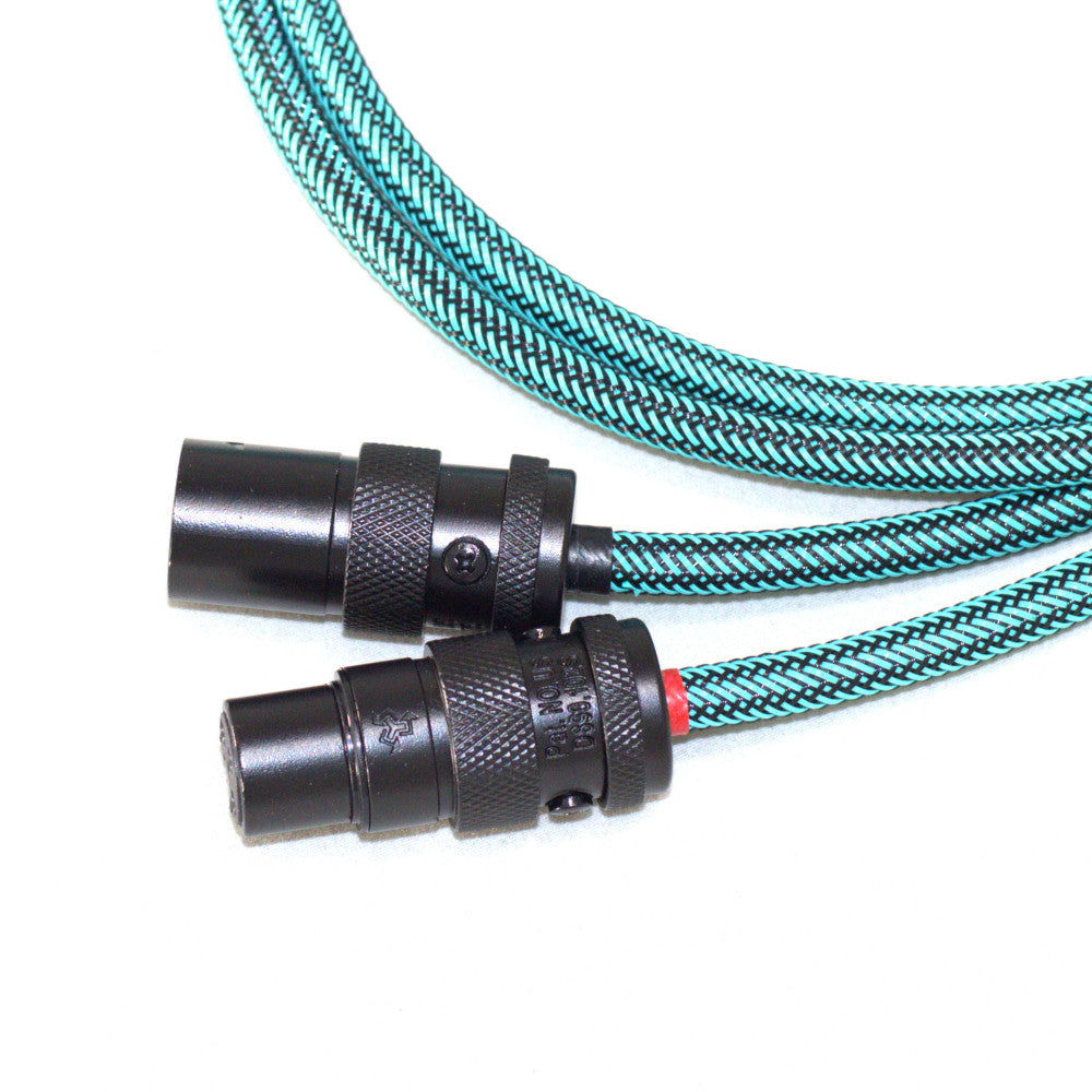 Teal braided cable with black connectors on a white background