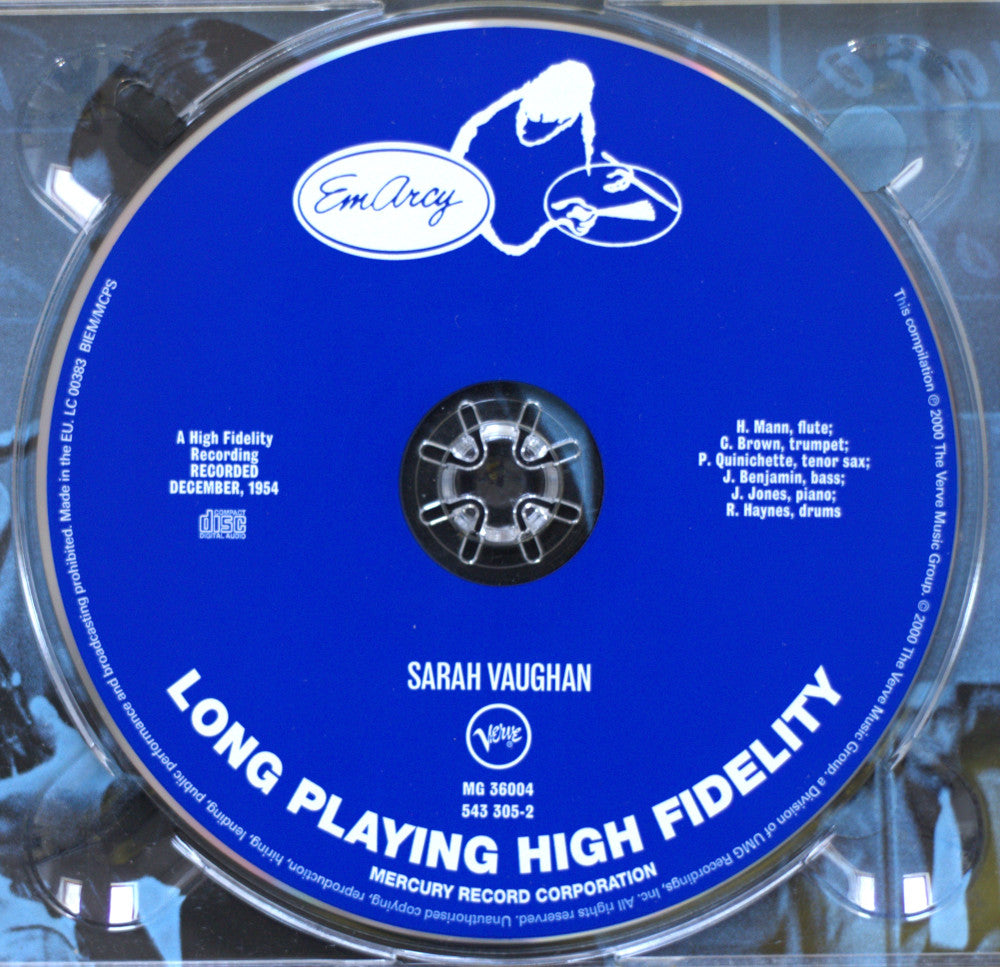 A blue cd for Sarah Vaughan's album on Mercury Records, photographed inside a clear plastic jewel case.