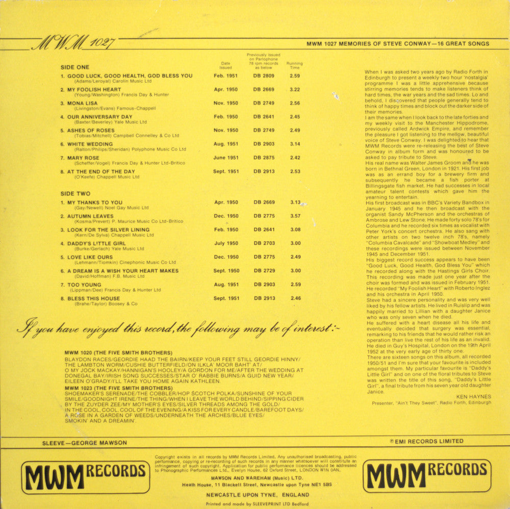 Steve Conway – Memories Of Steve Conway Vinyl LP
