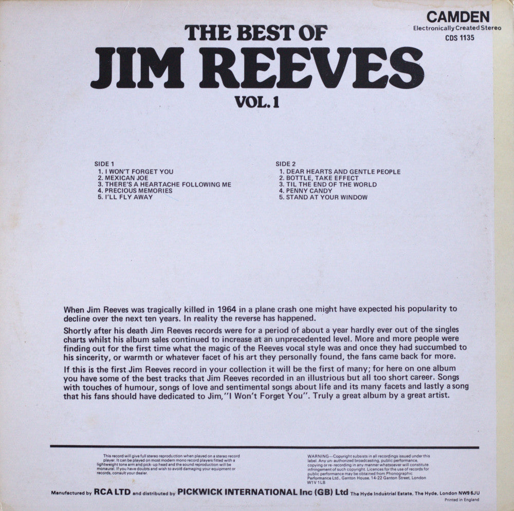 Jim Reeves – The Best Of Jim Reeves Vol. 1 Vinyl LP