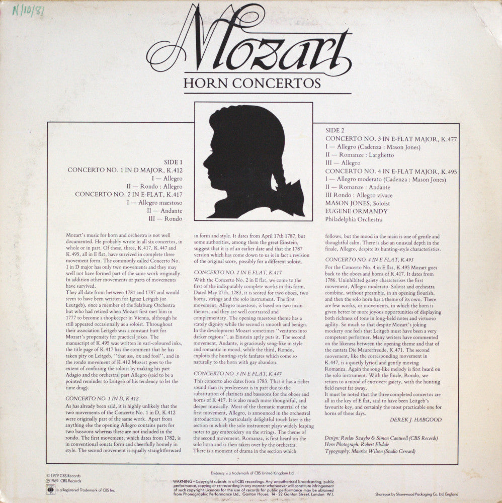 Mozart – Four Horn Concertos – Mason Jones, Eugene Ormandy, Philadelphia Orchestra Vinyl LP