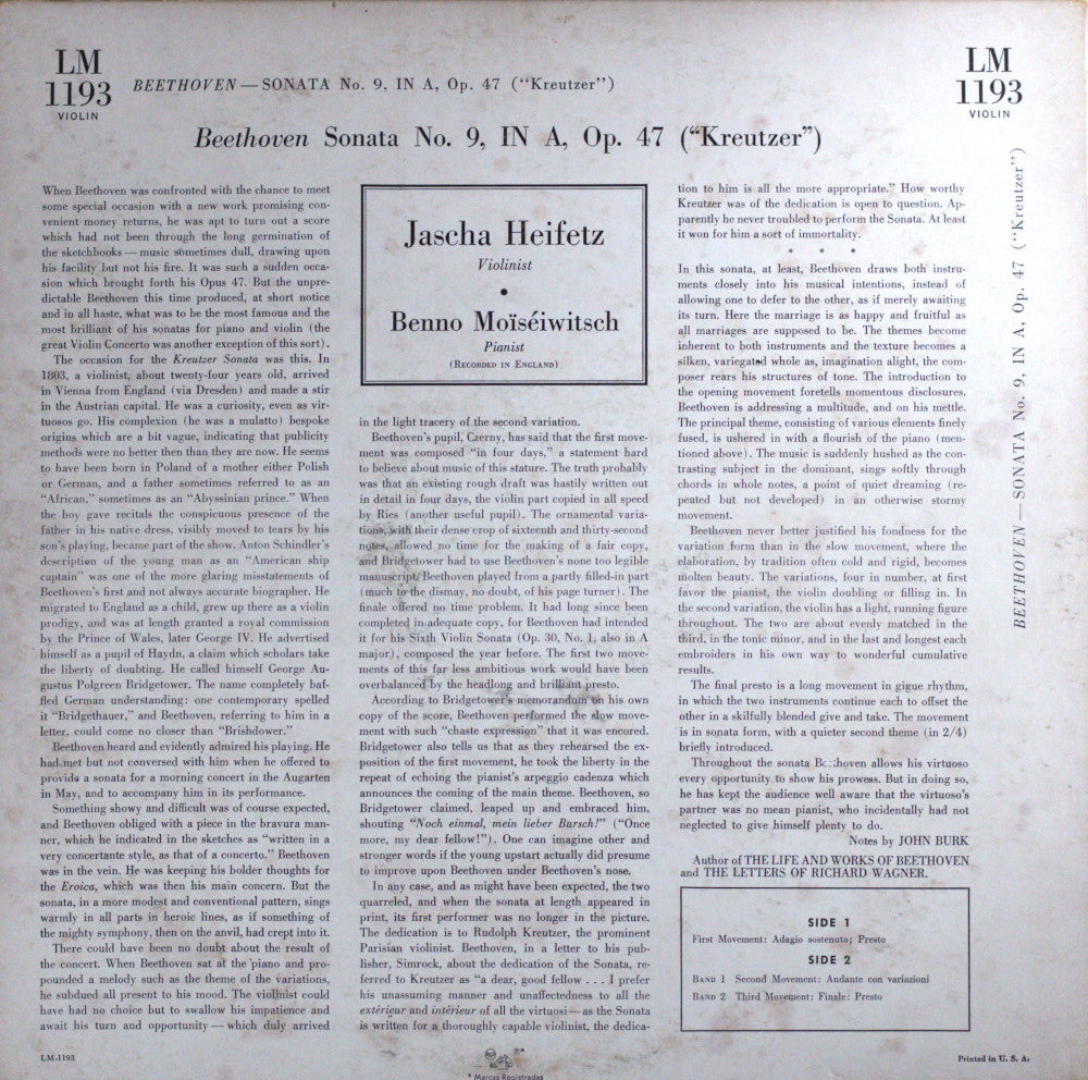 Beethoven – Kreutzer Sonata No. 9 Vinyl LP