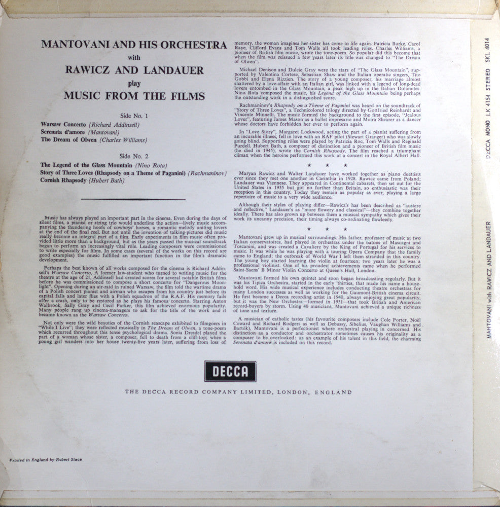 Mantovani, Rawicz & Landauer – Music From The Films Vinyl LP