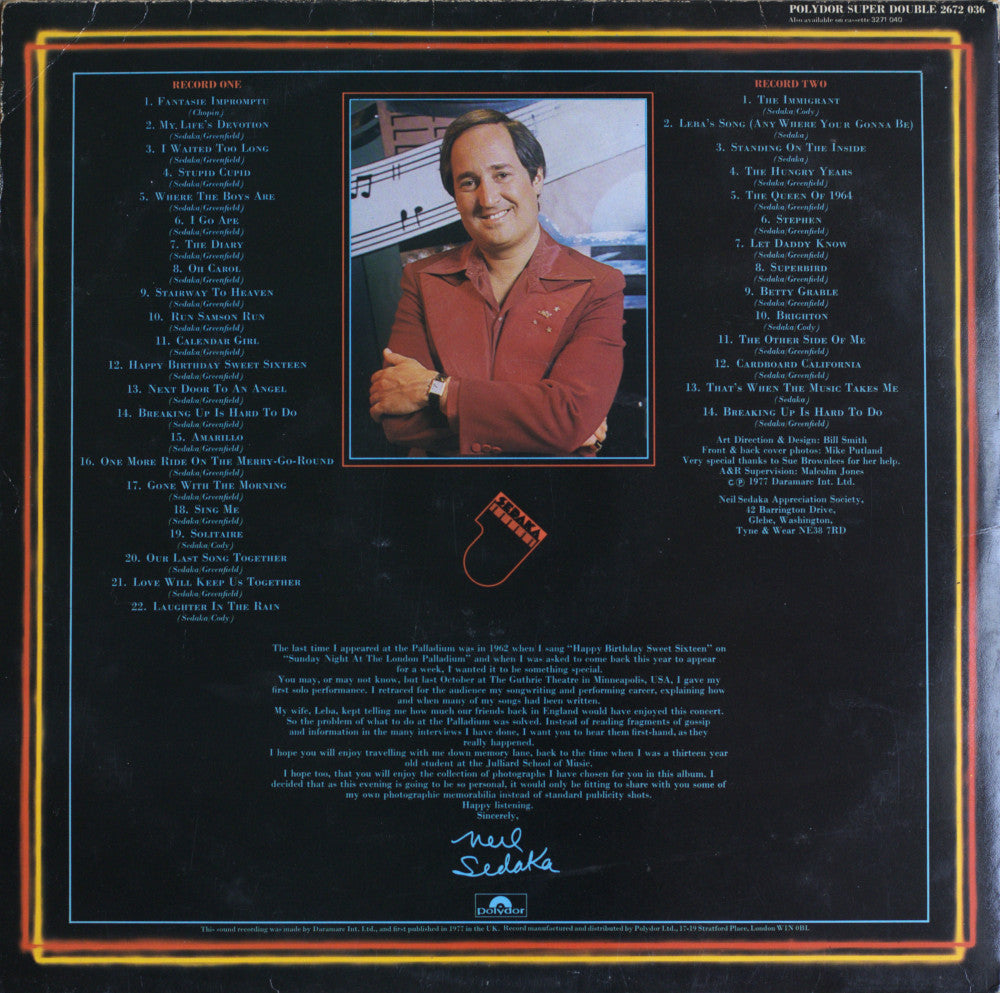Neil Sedaka – Neil Sedaka And Songs: A Solo Concert Vinyl LP