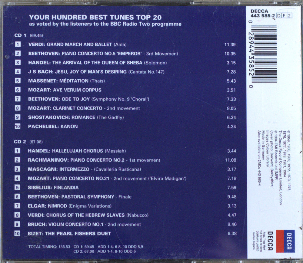 Back CD cover of 'The Top 20 Your Hundred Best Tunes' by Decca Records with a scenic design.