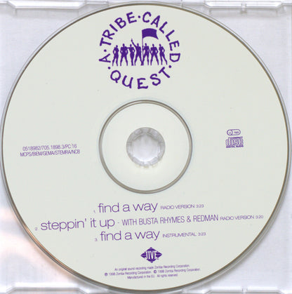 A CD disc from the music release 'A Tribe Called Quest - Find A Way' in a clear plastic jewel case. The disc is off-white with purple text and graphics, including the album title, artist name, track listings, and the 'A Tribe Called Quest' logo.