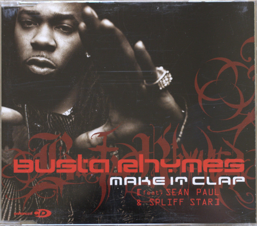 CD cover for Busta Rhymes' album 'Make It Clap', featuring a close-up portrait of Busta Rhymes with red graffiti-style graphics and white and red text.