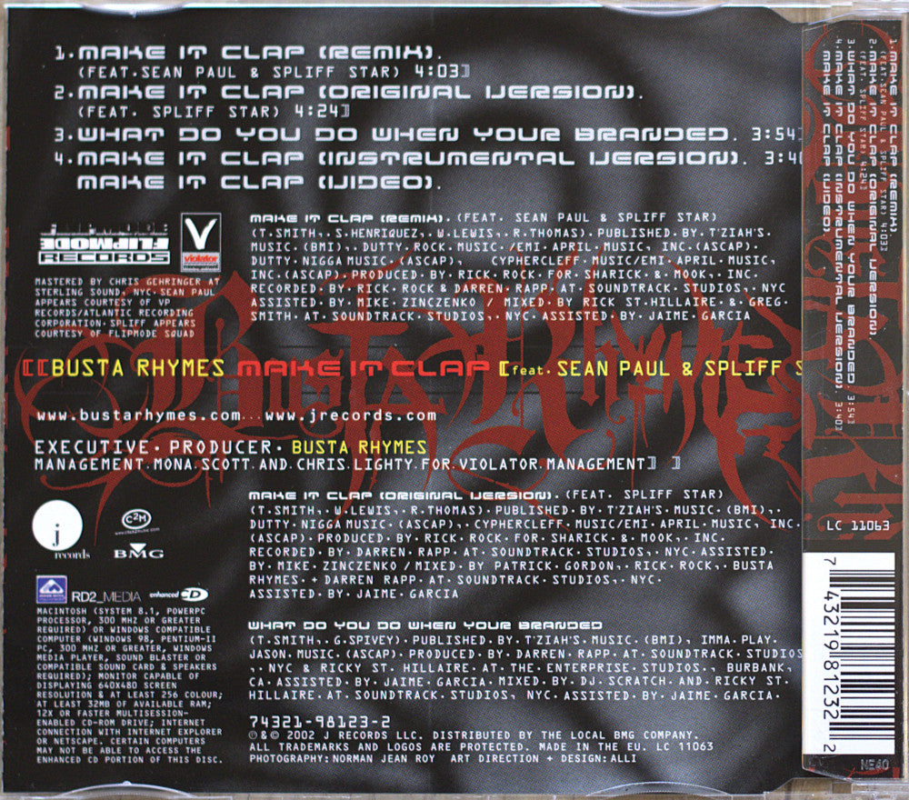 The back cover of a music CD for Busta Rhymes' album 'Make It Clap', featuring track listings, credits, and barcode information on a black background with red and white text.