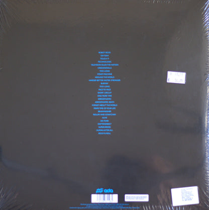 The back cover of a vinyl record sealed in plastic shrink wrap, featuring a dark charcoal background with a list of tracks in light blue text and white barcode/label stickers.