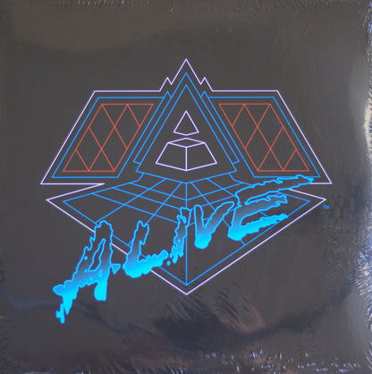 A square album cover for 'Alive' by the band Daft Punk, featuring a dark gray background with a geometric neon-style graphic in blue, orange, and white, and the band's name in dripping blue text across the bottom.