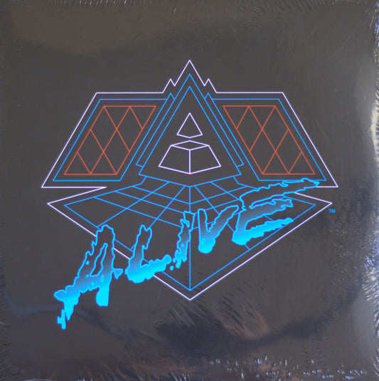 A square album cover for 'Alive' by the band Daft Punk, featuring a dark gray background with a geometric neon-style graphic in blue, orange, and white, and the band's name in dripping blue text across the bottom.