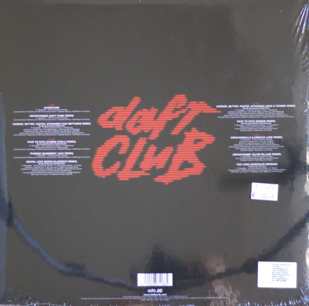 The back cover of a Daft Club vinyl record, sealed in plastic shrink wrap. The cover is black with the band's name in a stylized red-orange font in the center, flanked by white track listing text on both sides.