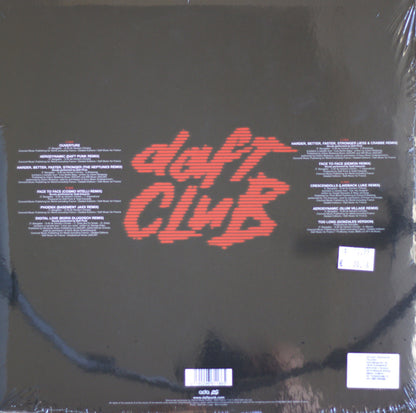 The back cover of a Daft Club vinyl record, sealed in plastic shrink wrap. The cover is black with the band's name in a stylized red-orange font in the center, flanked by white track listing text on both sides.