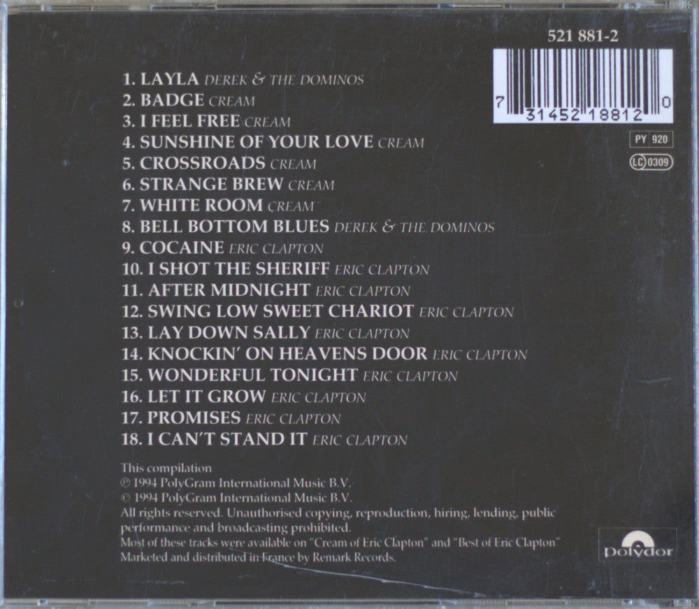 The back cover of a CD case for Eric Clapton's compilation album '25 Cream', showing the tracklist, barcode, and PolyGram/Dominion branding on a black background.