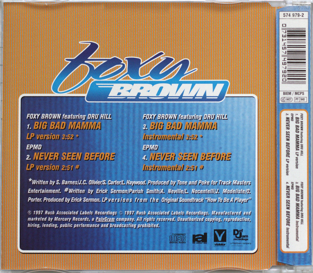 Back cover of a Foxy Brown CD single, showing tracklist text on a blue panel over an orange striped background, with a barcode and spine visible on the right.