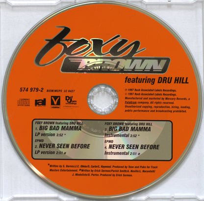 A compact disc single for Foxy Brown featuring Dru Hill, showing the orange outer ring, black center label, and printed tracklist and copyright details on a clear jewel case.