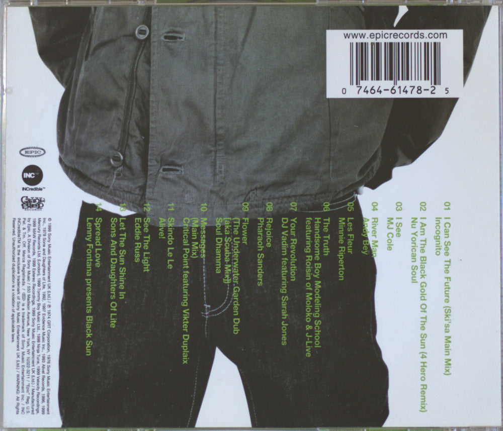 The back cover of a CD case for the band Kasmin Maki's 'The Future' album, featuring a black-and-white photograph of a person wearing a dark jacket and jeans, with tracklist text and a barcode on a white background.