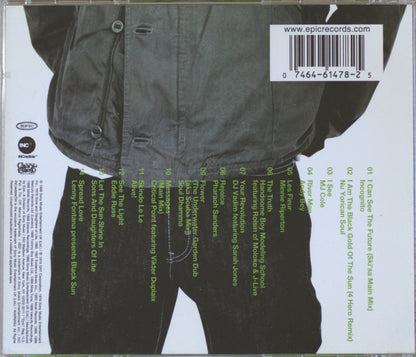 The back cover of a CD case for the band Kasmin Maki's 'The Future' album, featuring a black-and-white photograph of a person wearing a dark jacket and jeans, with tracklist text and a barcode on a white background.