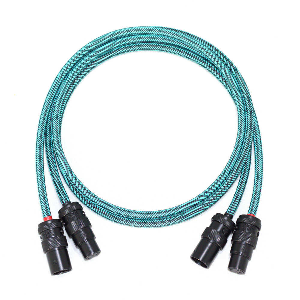 Teal braided cable with black connectors on a white background
