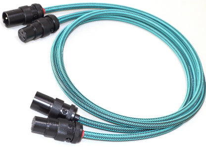 Turquoise braided cable with black connectors on a white background