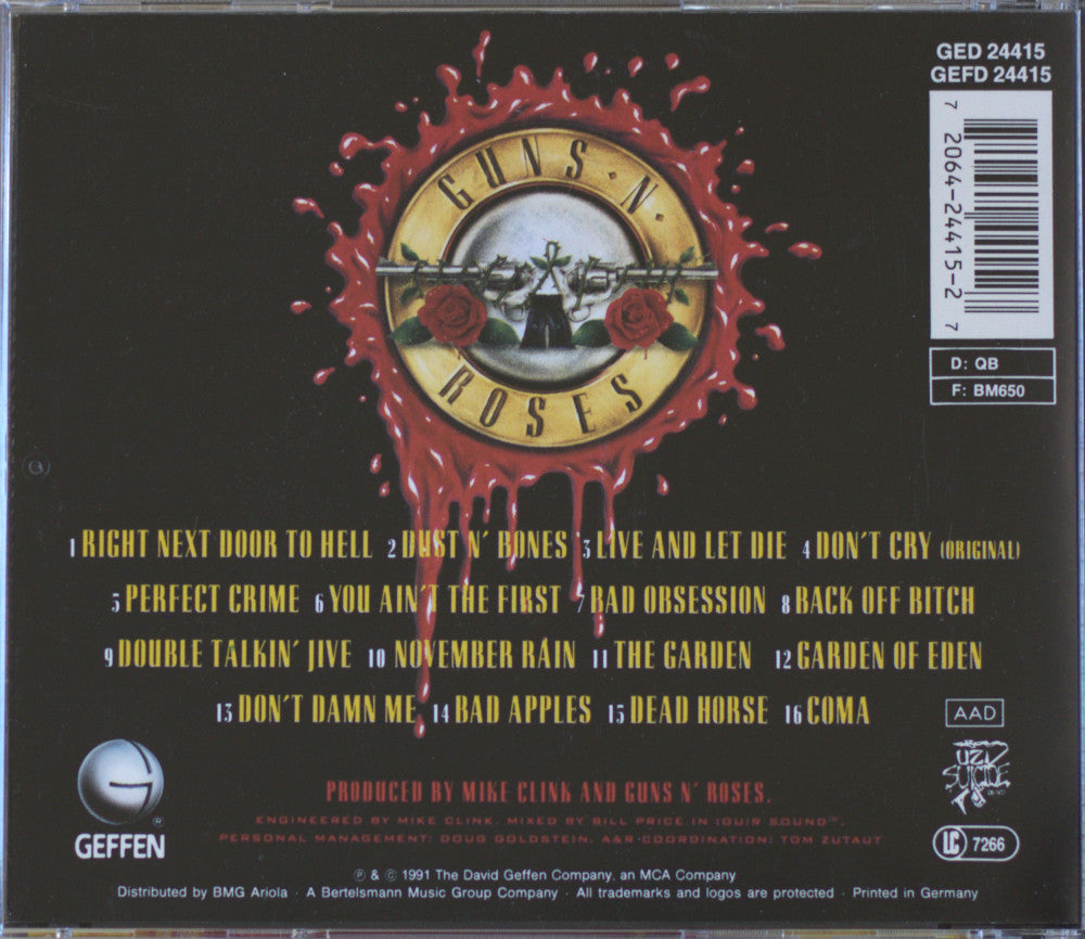 Back cover of a Guns N' Roses CD single, showing the album artwork with red blood splatter and track list in yellow text on a black background.