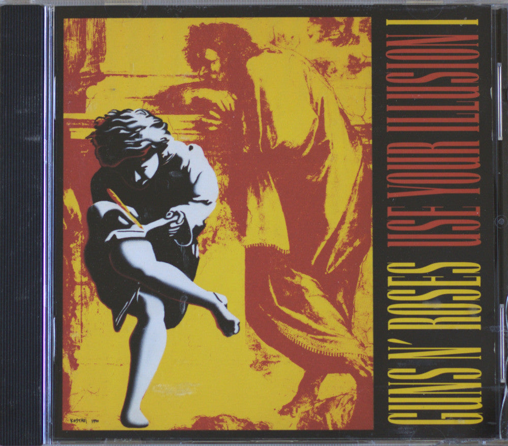 Guns N' Roses 'Use Your Illusion' CD album cover, featuring a bold yellow and red graphic design with black and white illustrated figures and vertical text on the right side.