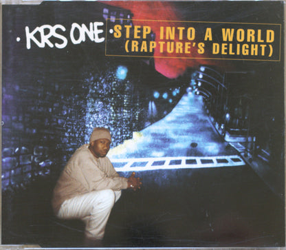 KRS One 'Step Into A World (Rapture's Delight)' album cover, featuring a crouching figure in light beige clothing against a dark, futuristic blue and black city scene with a red sky element.