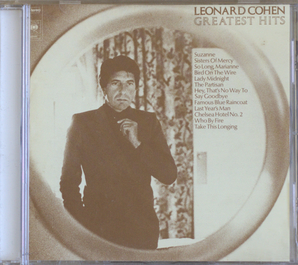 Leonard Cohen Greatest Hits CD album cover, showing a sepia-toned portrait of Leonard Cohen inside a circular frame, with the album title and track list printed on the right.