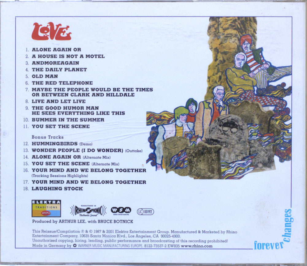 The back cover of the 'Love Changes' vinyl record compilation album, featuring a colorful illustrated collage of people and text listing the 12 tracks and bonus tracks.