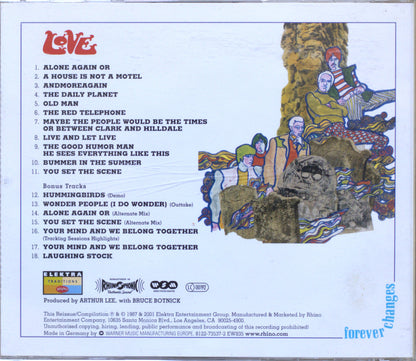 The back cover of the 'Love Changes' vinyl record compilation album, featuring a colorful illustrated collage of people and text listing the 12 tracks and bonus tracks.