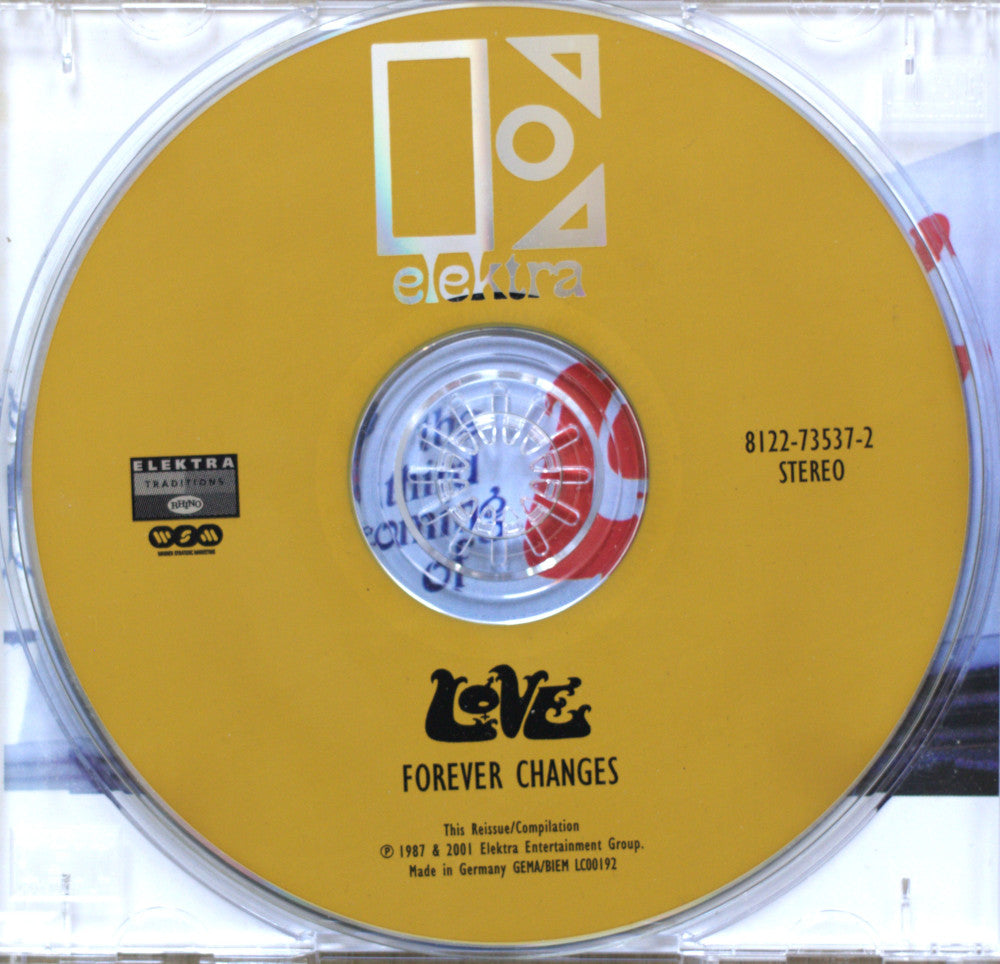 A yellow CD inside a clear jewel case, featuring the Elektra logo and the text 'LOVE FOREVER CHANGES' on the disc.