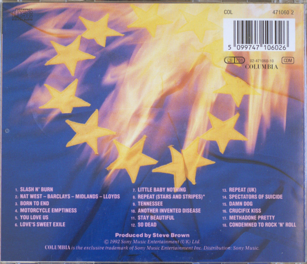 Back cover of a CD jewel case for the compilation album 'N' Roll' produced by Steve Brown, featuring a blue background with yellow stars resembling the European Union flag, a barcode, tracklist, and Sony/Columbia branding.