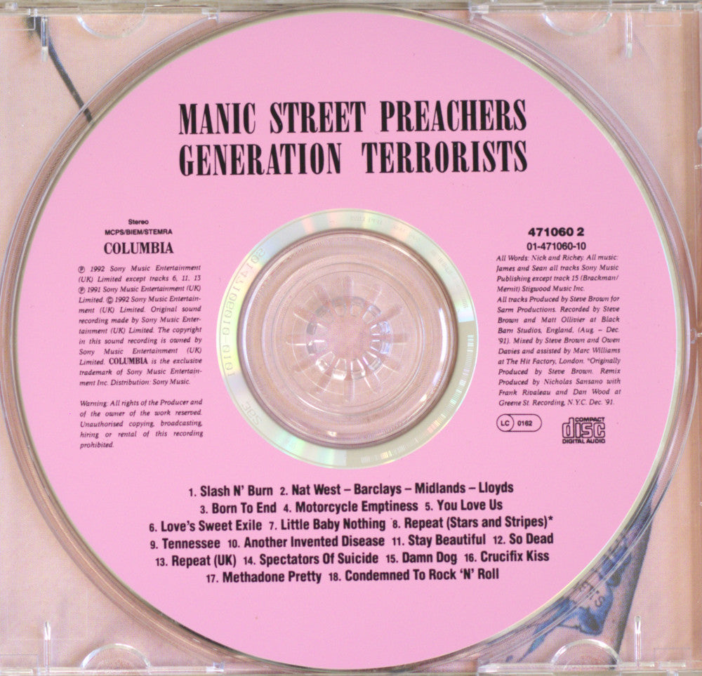 The back of a Manic Street Preachers - Generation Terrorists CD single, showing the printed tracklist, copyright info, and barcode on a light pink plastic jewel case.