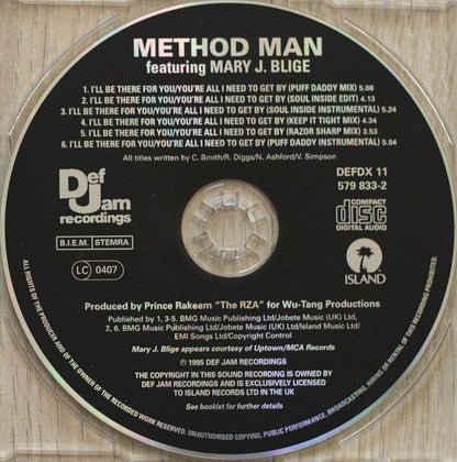The back of a Method Man 'The Rza' on a Def Jam Records CD, showing the tracklist, production credits, and ISLAND logo.