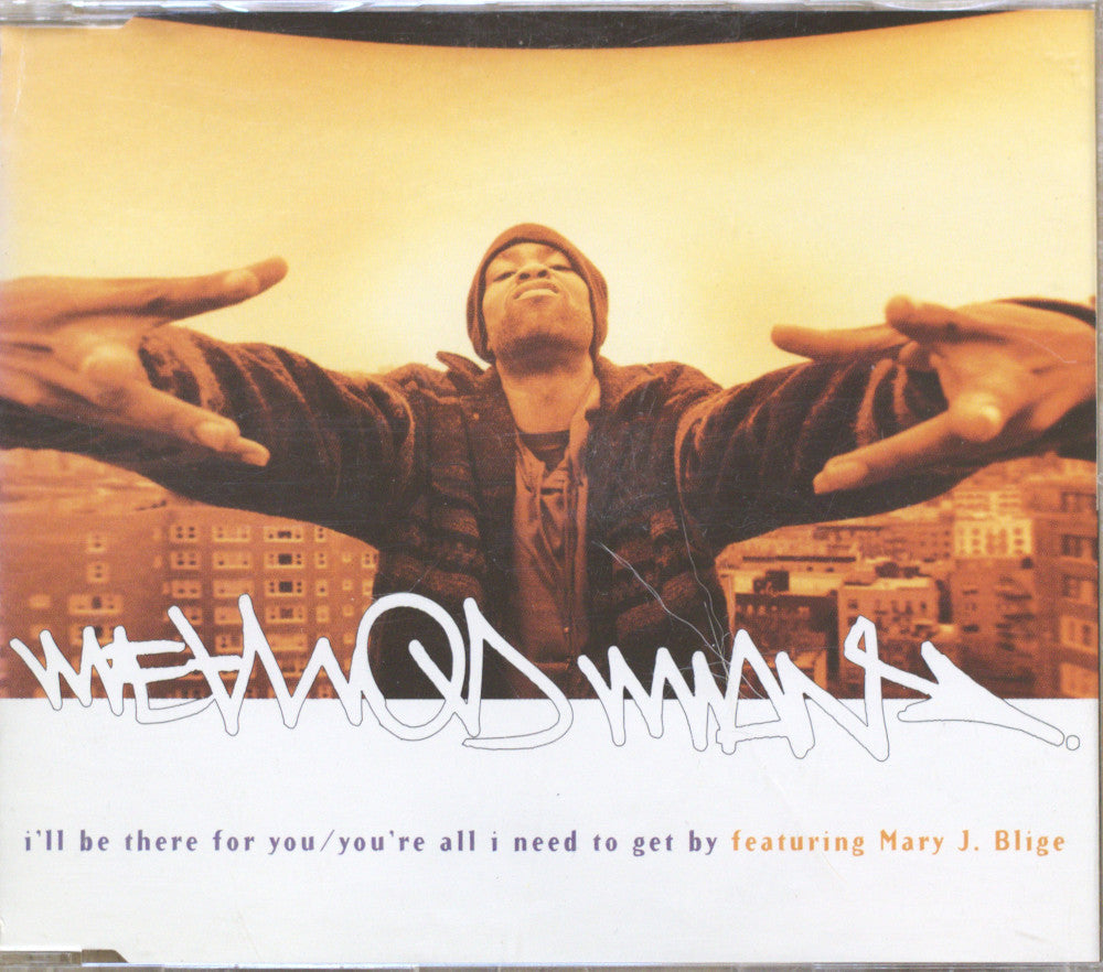 Method Man's 'All I Need' CD single cover, featuring a sepia-toned photo of Method Man with arms outstretched against a city skyline, with white stylized text and a white bottom band.