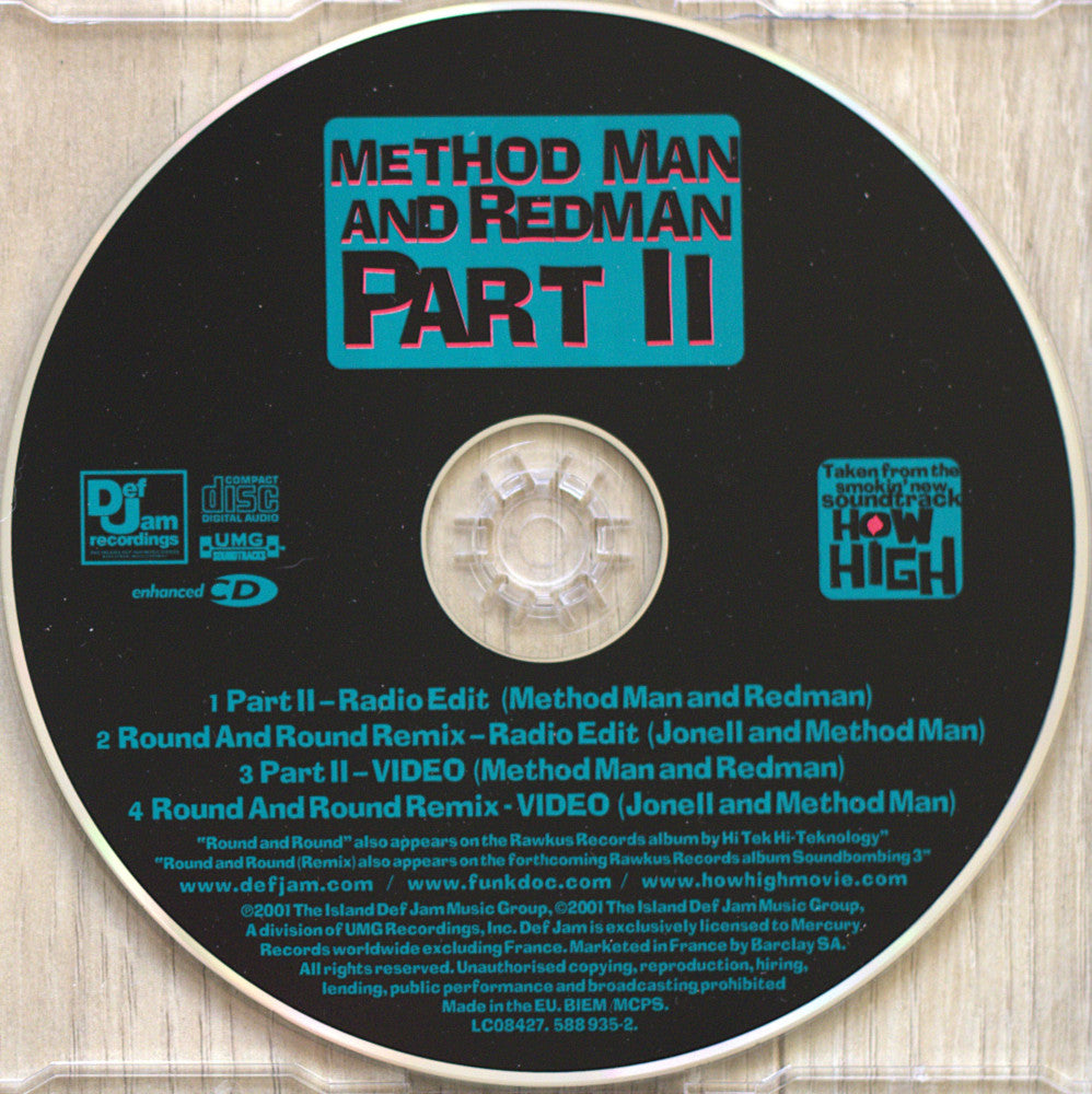 A close-up of a CD disc for 'Method Man and Redman Part II' on a clear plastic jewel case, with a black disc featuring teal and white text and track listing details.